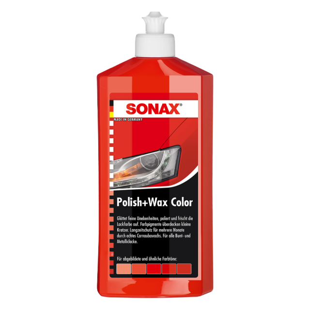 پولیش و واکس قرمز 500 میلی لیتر سوناکس مدل Sonax Polish & Wax Color Red 500ml مخصوص تمام رنگ های استاندارد قرمز بوده و به طور همزمان در یک مرحله پولیش و واکس را براساس تکنولوژی نانو انجام می دهد. این پولیش رنگ قرمز باعث می شود ریکاوری رنگ بدنه ساده تر شده و ضمن از بین بردن خط و خش های سطحی با ایجاد یک لایه محافظ از بروز موارد این چنینی جلوگیری کند. این محصول حرفه ای سوناکس افزایش درخشندگی سطح، براقیت بسیار بالا و محافظت طولانی ‌مدت در برابر تاثیرات آب و هوایی را از طریق واکس طبیعی خالص کارناوبا ایجاد می ‌کند.