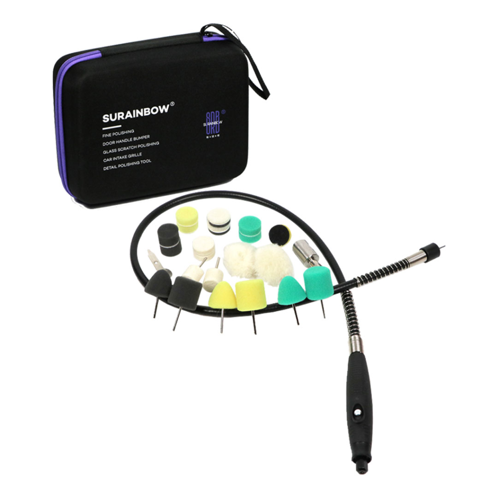 کیت کامل پولیش مینیاتوری سورین‌بو شامل مجموعه‌ای از پدها و ابزارهای دقیق برای پولیش نقاط کوچک خودرو، مناسب برای دیتیلرهای حرفه‌ای با کیفیت و دوام بالا.