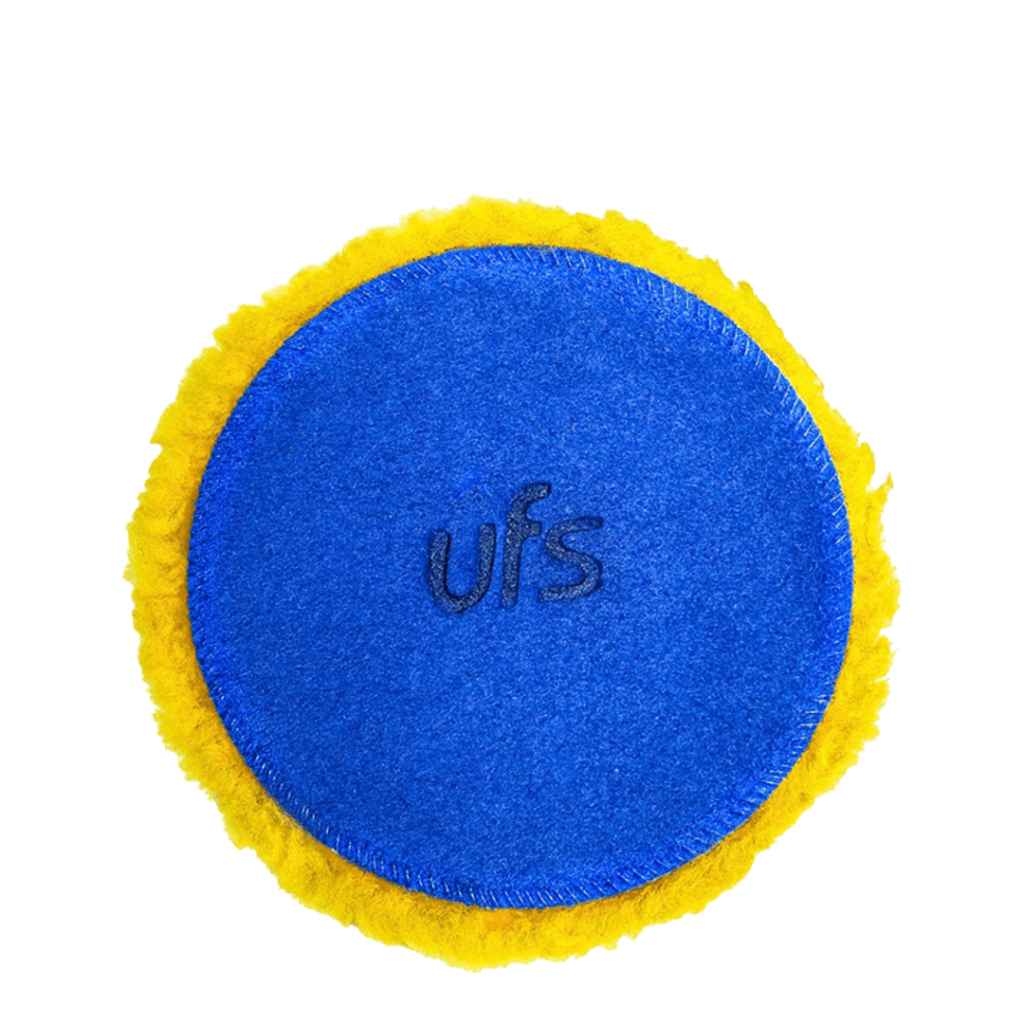 پد پولیش پوست بره زبر زرد UFS سایز 160 مناسب اصلاح عمیق رنگ خودرو و حذف خط و خش‌های شدید با قدرت بالا.
