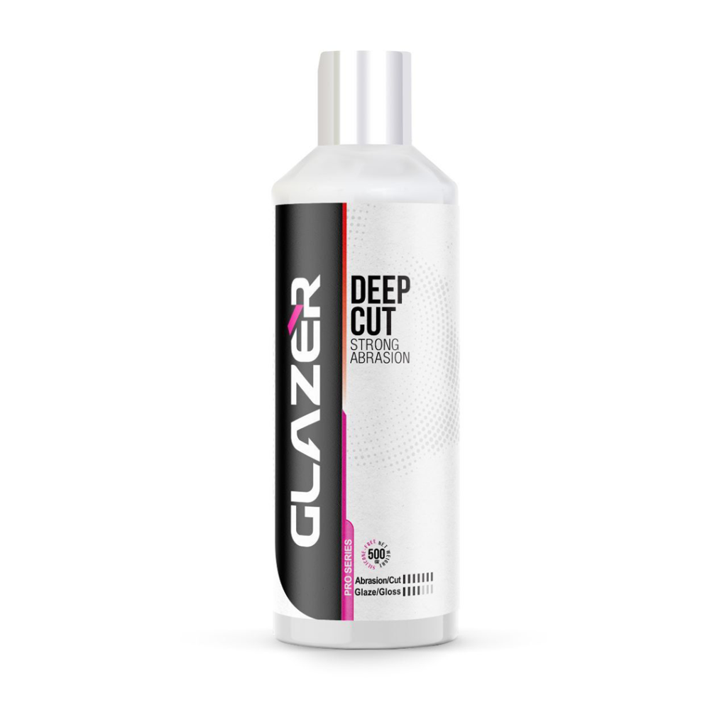 مایع پولیش زبر گلیزر Deep Cut Pro Series نیم لیتری، مناسب حذف خط و خش‌های عمیق و آماده‌سازی رنگ خودرو برای مراحل بعدی پولیش.